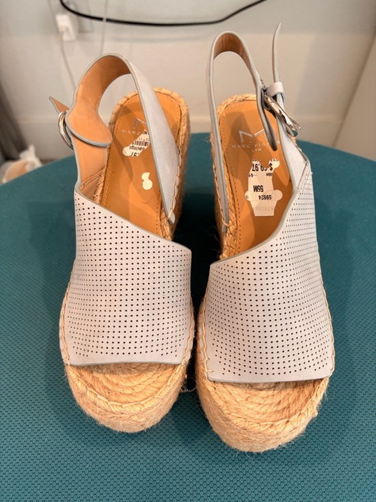 Marc Fisher Shoes - Marc Fisher Perforated Light Blue Leather Slingback Espadrille Wedge